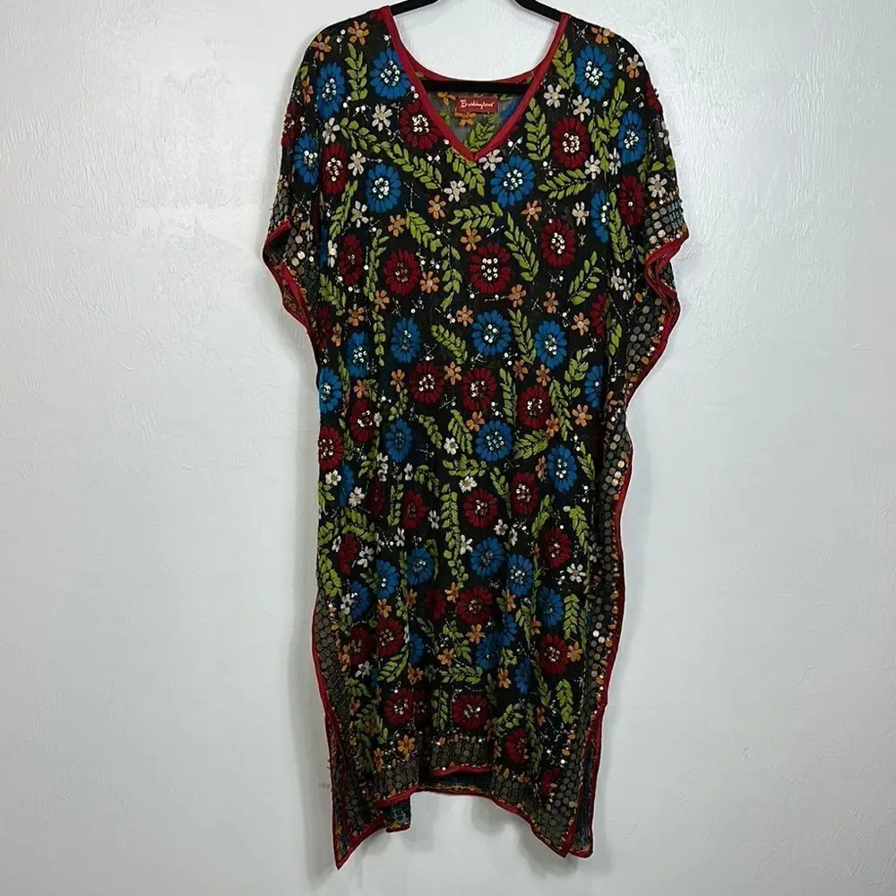 Burlingtons Colorful Floral Print V-neck Kaftan Midi Dress One Size